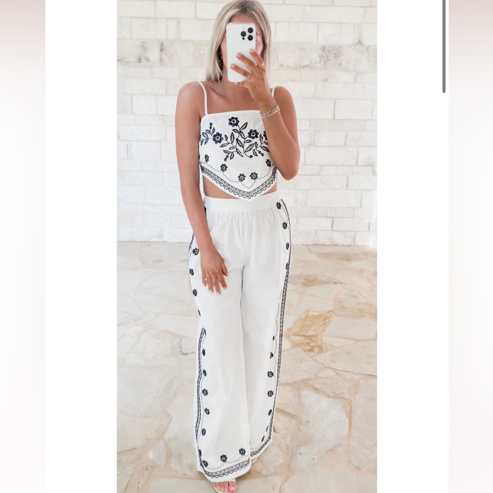 Elegant White and Black Embroidered Jumpsuit